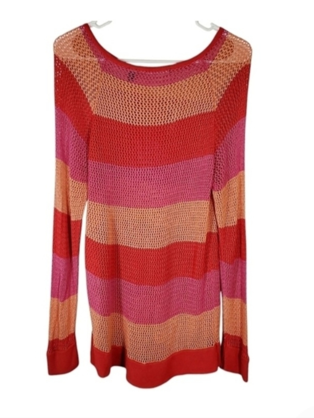 7376 * 525 America Colorful Stripe Open Knit Sweater Red Orange Pink Size XL
